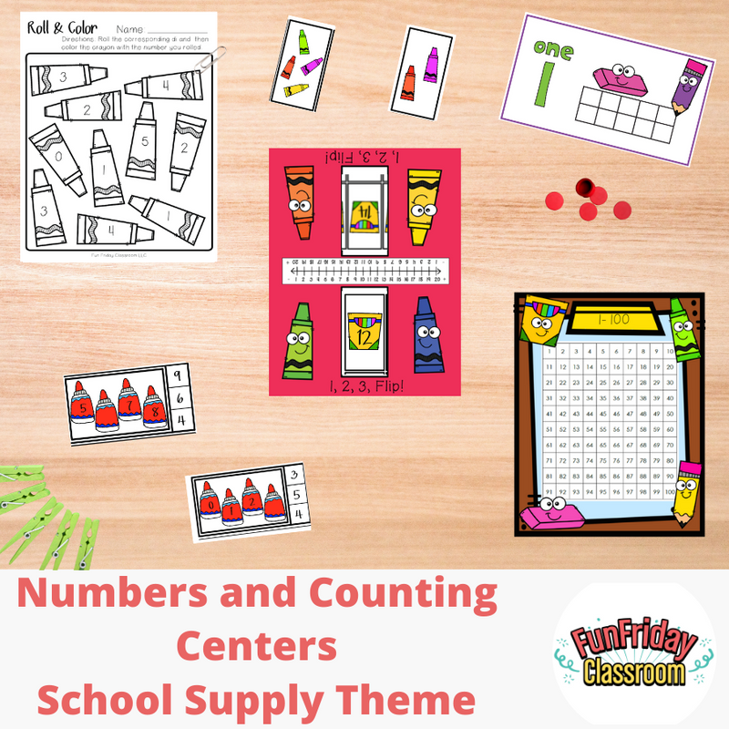 School Supply Theme - Math Centers - Numbers and Counting - Fun Friday Classroom
