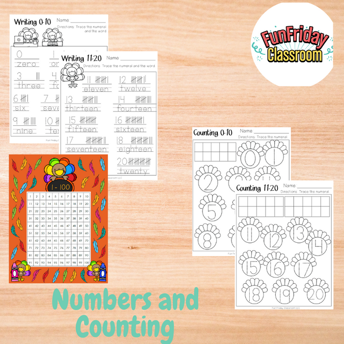 Turkey Theme - Math Centers - Numbers and Counting - Fun Friday Classroom